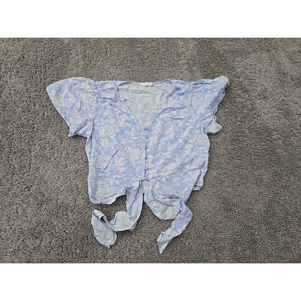 Lush Tie Front Blouse Womens M Blue Floral V-Neck Button Up Flutter Cropped